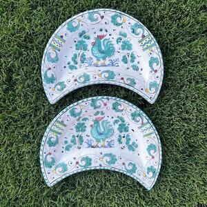 (2) Green Rooster (Orvieto) by DERUTA (ITALY) Crescent Salad Or Bone Plates